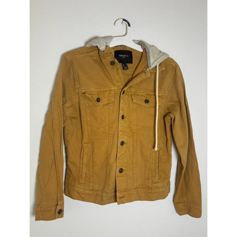Forever 21 Men Mustard Tan Canvas Trucker Jacket with Grey Jersey Hood Small
